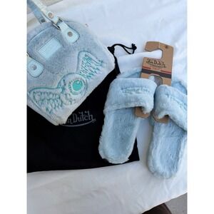 Y2K Von Dutch Fuzzy Blue Mini Bowling Handbag & Slippers Set Size 8